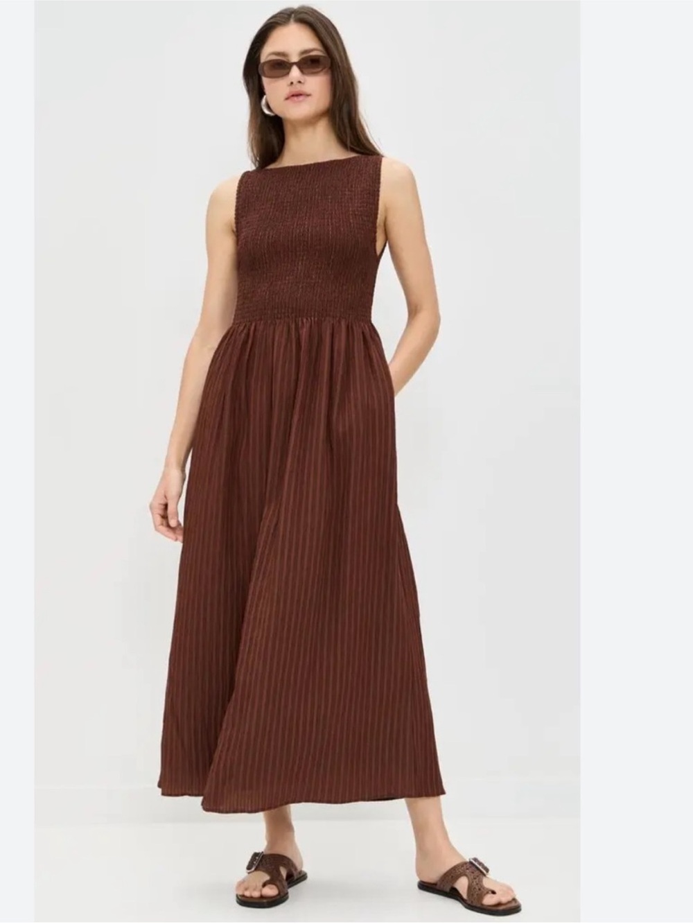 Hill House The Cosima Nap Dress Chocolate Tonal Seersucker